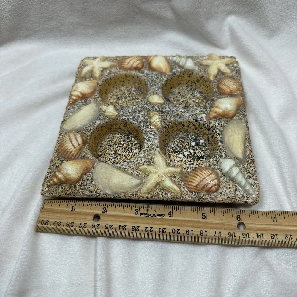 Seashell Tea Light 4 Candle Holder Centerpiece Sand Beach Nautical Square Votive